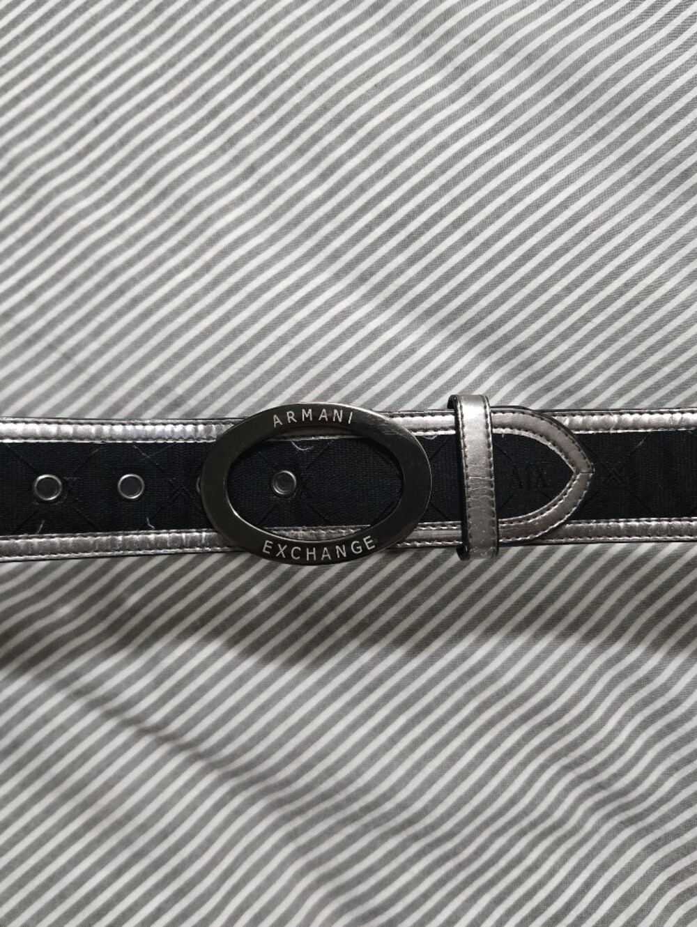 Armani Exchange Black Belt with Silver Oval Logo Buckle